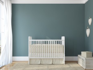 Interior of nursery with vintage crib. 3d render. Photo behind the window was made by me.